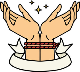 traditional tattoo with banner of a pair of tied hands