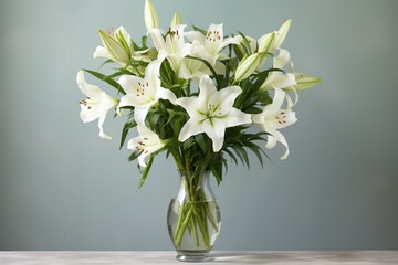 Still life: clear glass vase with beautiful lilies flowers against grey wall. Bouquet of fresh white lilies flowers in a vase. Generative AI