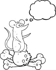 freehand drawn thought bubble cartoon rat on bones