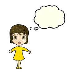 cartoon girl in dress with thought bubble