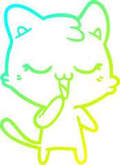 cold gradient line drawing of a happy cartoon cat