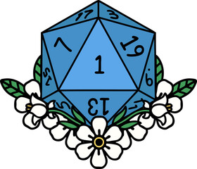 Retro Tattoo Style natural one dice roll with floral elements