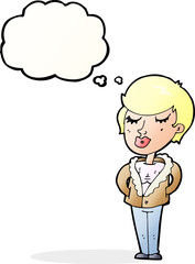 cartoon cool relaxed woman with thought bubble