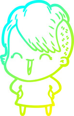 cold gradient line drawing of a cartoon happy hipster girl