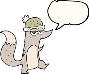 freehand drawn speech bubble cartoon little wolf wearing hat