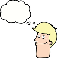 cartoon smiling man with thought bubble