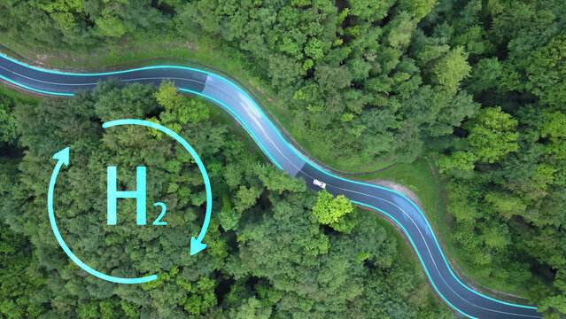 White car driving on H2 hydrogen power in eco environment. Graphic 2D animation