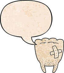 cartoon bad tooth with speech bubble in retro texture style
