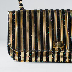 Handmade black and gold purse handbag, handmade velour purse, artisan black and gold striped purse with a short strap