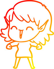 warm gradient line drawing of a cartoon elf girl