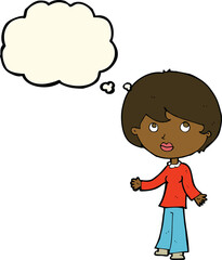 cartoon woman thinking with thought bubble