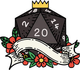 Retro Tattoo Style natural twenty D20 dice roll