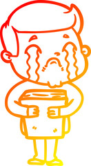 warm gradient line drawing of a cartoon man crying