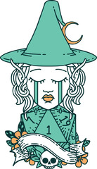 Retro Tattoo Style crying elf mage character face with natural one D20 roll