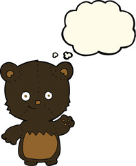 cartoon black bearcub waving with thought bubble
