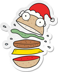 hand drawn sticker cartoon of a amazing burger wearing santa hat