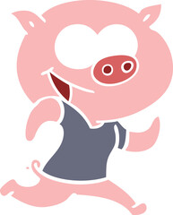 cheerful pig exercising flat color style cartoon