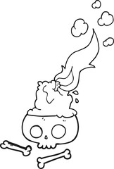 freehand drawn black and white cartoon burning candle on skull