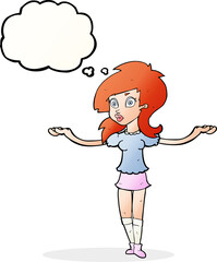 cartoon confused pretty girl with thought bubble