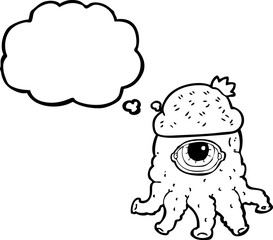freehand drawn thought bubble cartoon alien wearing  hat