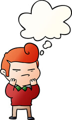 cartoon cool guy with fashion hair cut with thought bubble in smooth gradient style
