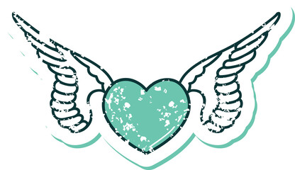 iconic distressed sticker tattoo style image of a heart with wings
