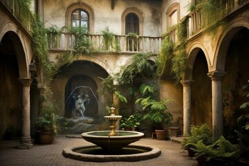 A historical courtyard with a water feature, including a pond and a waterfall. Beautiful fresco on the wall. Generative AI