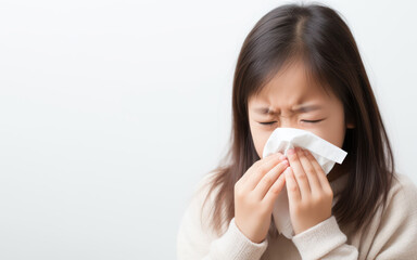 Sick Asian girl blowing his nose with flu cough on isolated white with copy space background