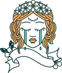 traditional tattoo with banner of female face with third eye and crown of flowers cyring
