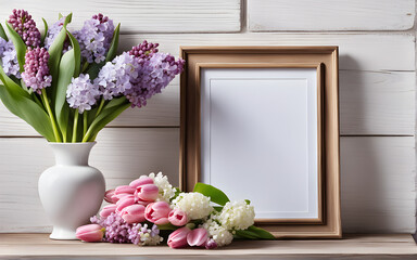 A wooden bench, table, and vase filled with lilacs, viburnum, and tulips against a white wall backdrop. Rustic interior captured in a highly detailed macro photograph