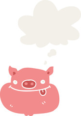 cartoon happy pig face with thought bubble in retro style