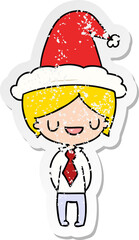 hand drawn christmas distressed sticker cartoon of kawaii boy