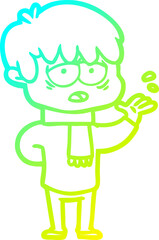 cold gradient line drawing of a cartoon exhausted boy