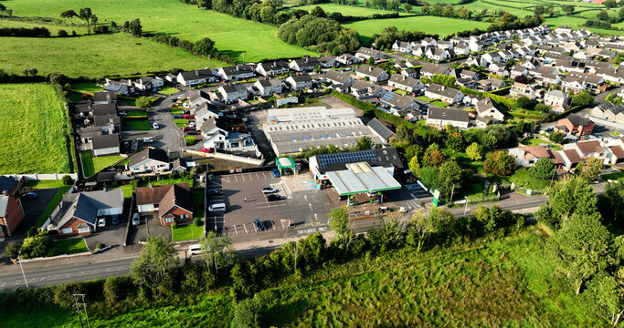 Aerial photo of Maxol Service Station Grahams BP Spar services shop at Ahoghill Village Ballymena Antrim Northern Ireland 09-09-23