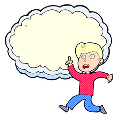 cartoon running boy in front of idea cloud with space for text