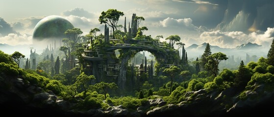 eco futuristic cityscape concept full with greenery, generative ai