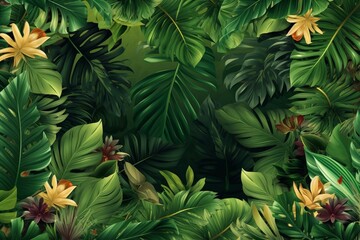 Background with lush tropical leaves and banner adorned by a vibrant green floral pattern. Generative AI - obrazy, fototapety, plakaty