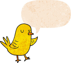 cartoon bird with speech bubble in grunge distressed retro textured style