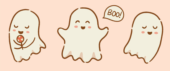 set of spooky cute ghost hand drawn. kawaii halloween ghost