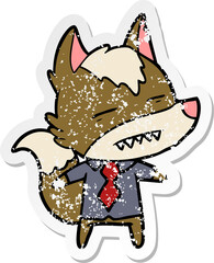 distressed sticker of a cartoon office wolf showing teeth