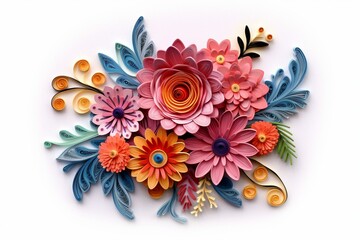 Floral quilling art with bohemian colors on white background. Generative AI