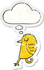 cartoon bird with thought bubble as a distressed worn sticker