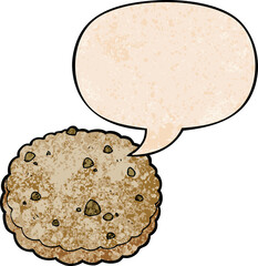 cartoon biscuit with speech bubble in retro texture style