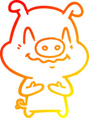 warm gradient line drawing of a nervous cartoon pig