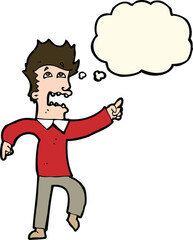 cartoon frightened man pointing with thought bubble