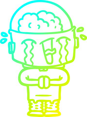 cold gradient line drawing of a cartoon crying robot