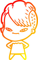 warm gradient line drawing of a cute cartoon girl with hipster haircut