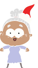 hand drawn flat color illustration of a happy old woman wearing santa hat