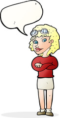 cartoon woman with crossed arms and safety goggles with speech bubble