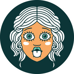 iconic tattoo style image of female face sticking out tongue